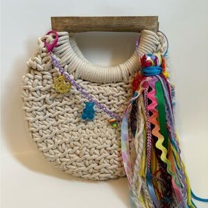 Colorful Handcrafted Tassel and Chain Beige Woven Bag